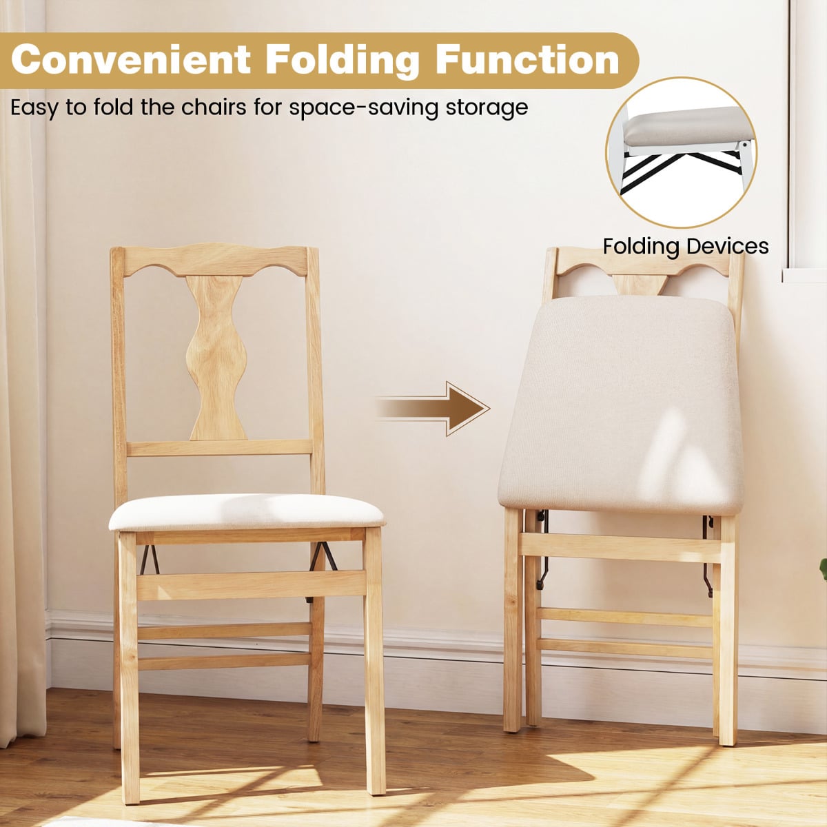 Set of 2 Folding Dining Chairs with Soft Padded Seat and Smooth Solid Backrest-Beige