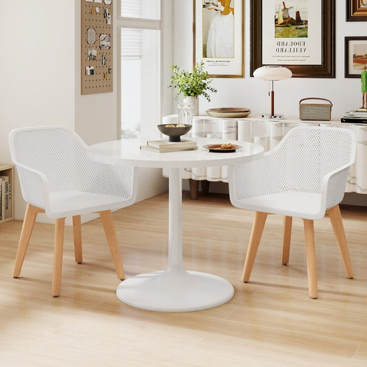 Set of 2 Modern Plastic Dining Chairs with Wood Legs-White