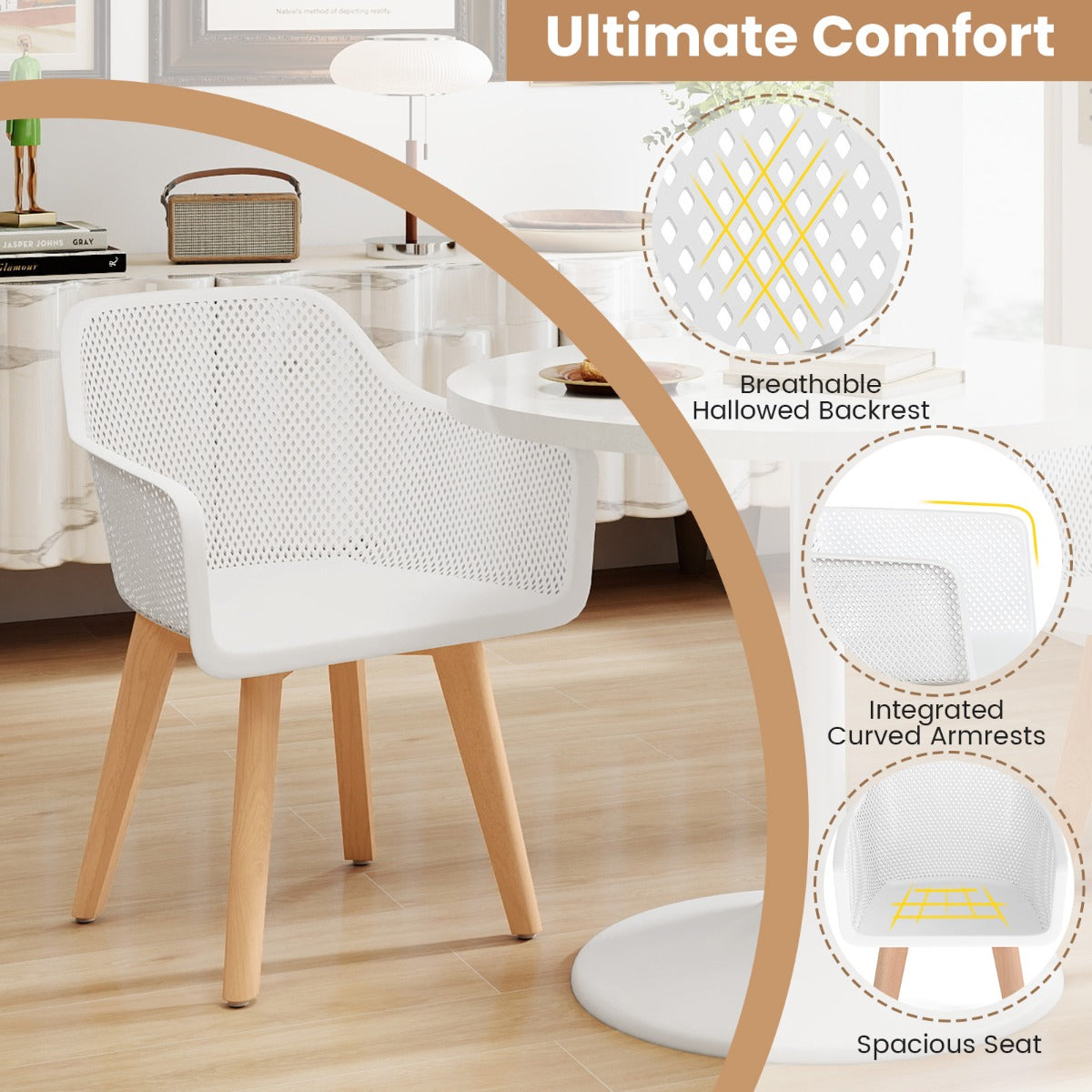 Set of 2 Modern Plastic Dining Chairs with Wood Legs-White