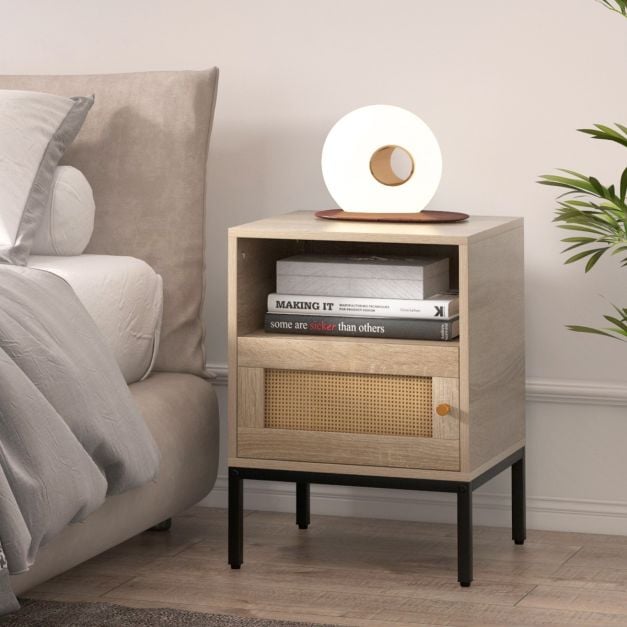 Set of 2 Nightstand with Storage Home Boho Style Accent Side Table-Oak