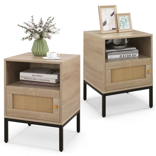 Set of 2 Nightstand with Storage Home Boho Style Accent Side Table-Oak