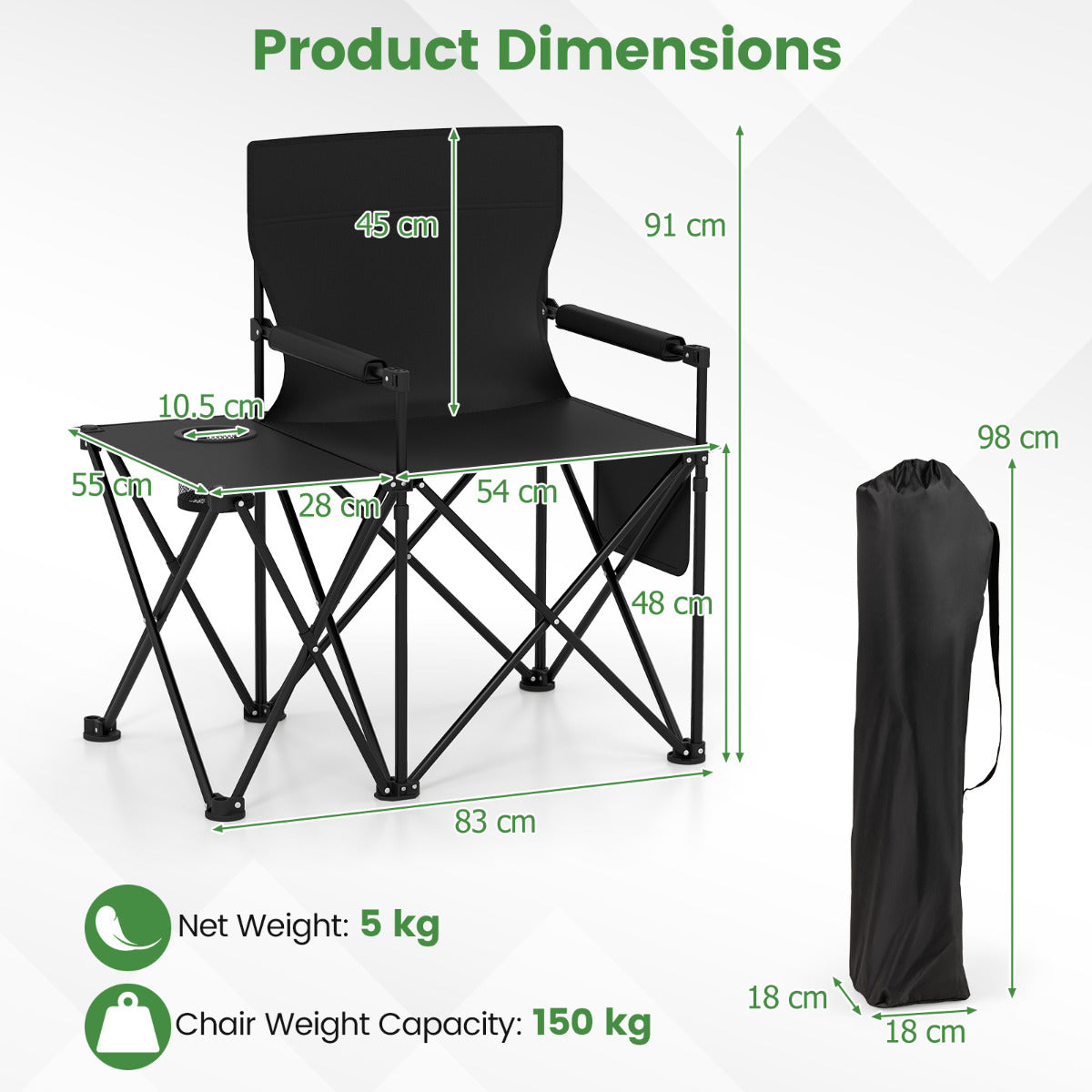 Set of 2 Oversized Camping Chair with Side Table and Storage Pockets-Black