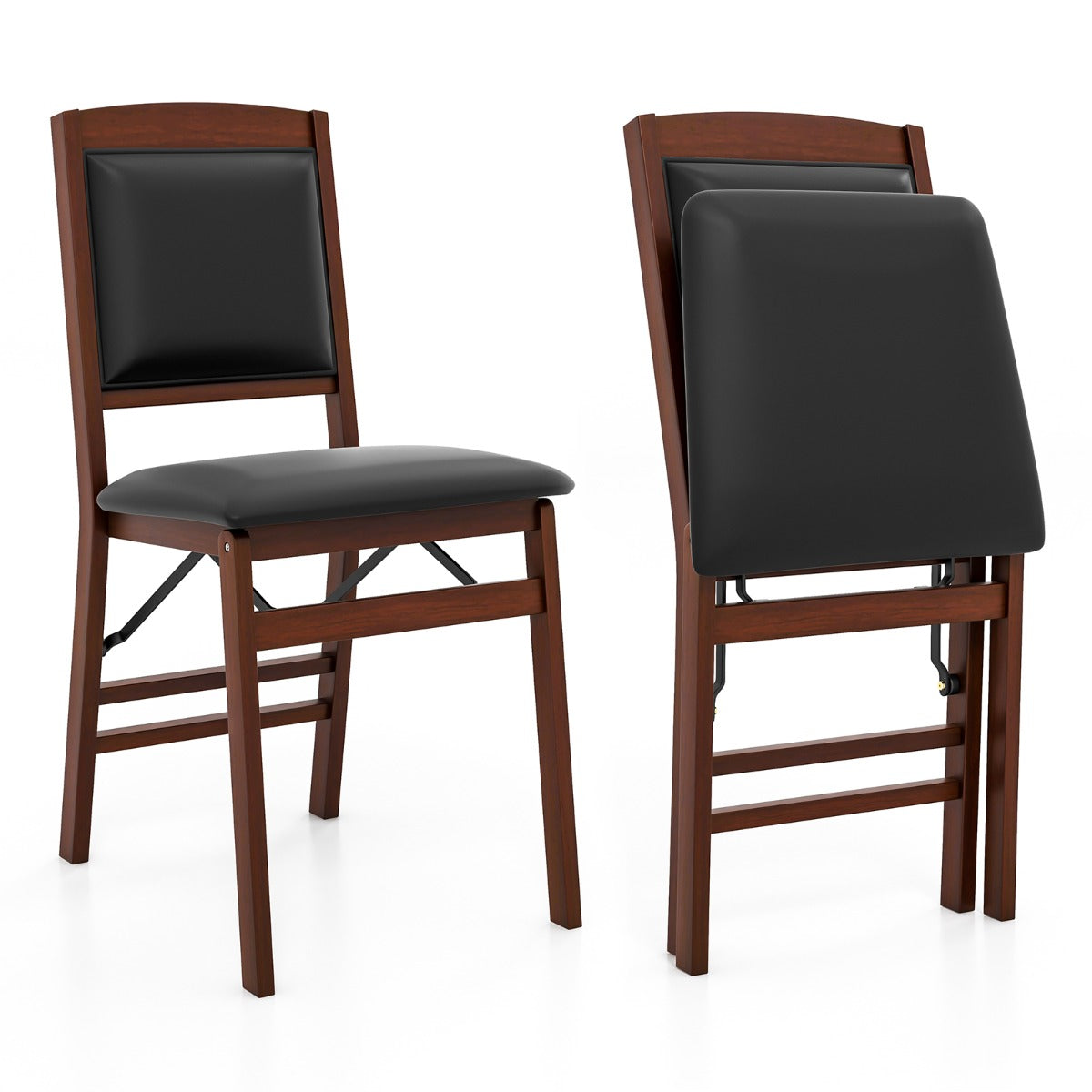 Set of 2 Folding Dining Chairs with Padded Seat and High Backrest-Brown
