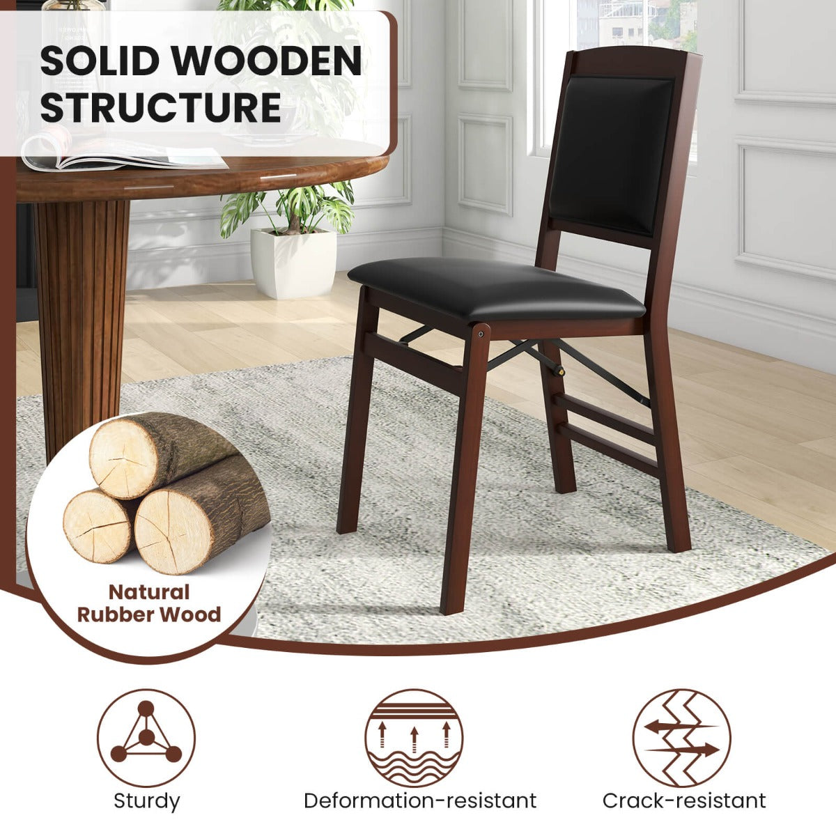 Set of 2 Folding Dining Chairs with Padded Seat and High Backrest-Brown
