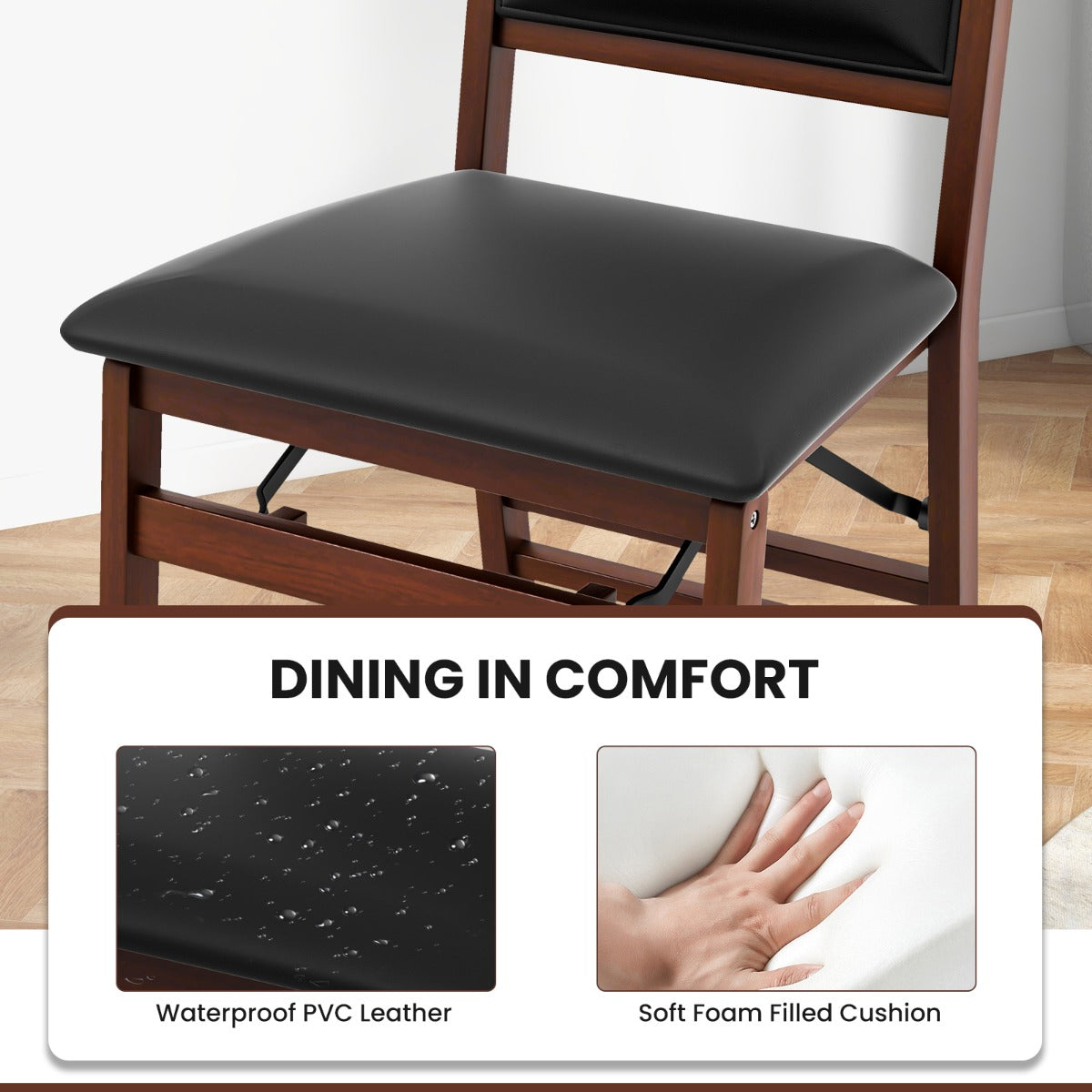 Set of 2 Folding Dining Chairs with Padded Seat and High Backrest-Brown
