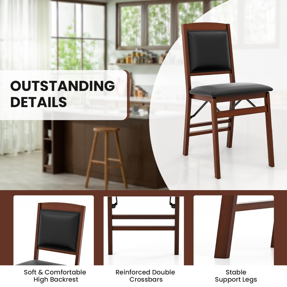 Set of 2 Folding Dining Chairs with Padded Seat and High Backrest-Brown