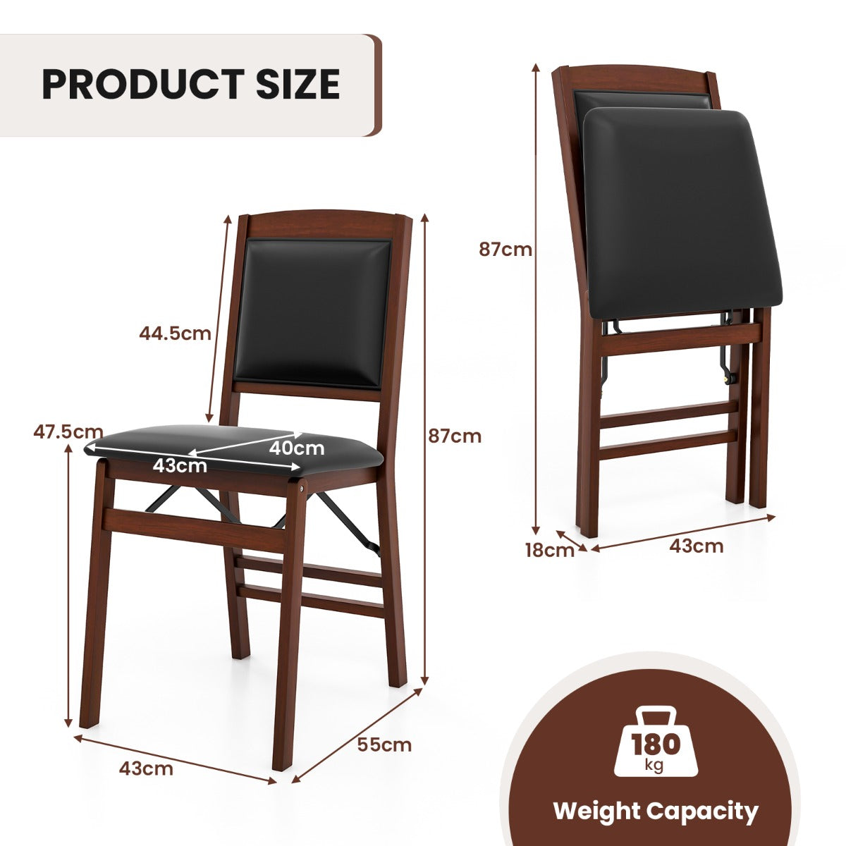 Set of 2 Folding Dining Chairs with Padded Seat and High Backrest-Brown