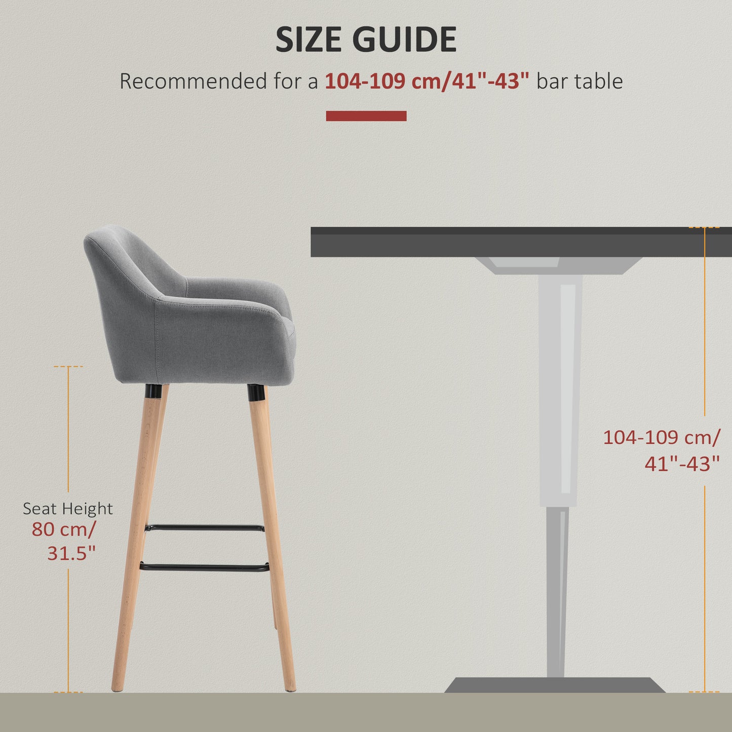HOMCOM Set of 2 Bar Stools Modern Upholstered Seat Bar Chairs w/ Metal Frame, Solid Wood Legs Living Room Dining Room Fabric Furniture - Grey