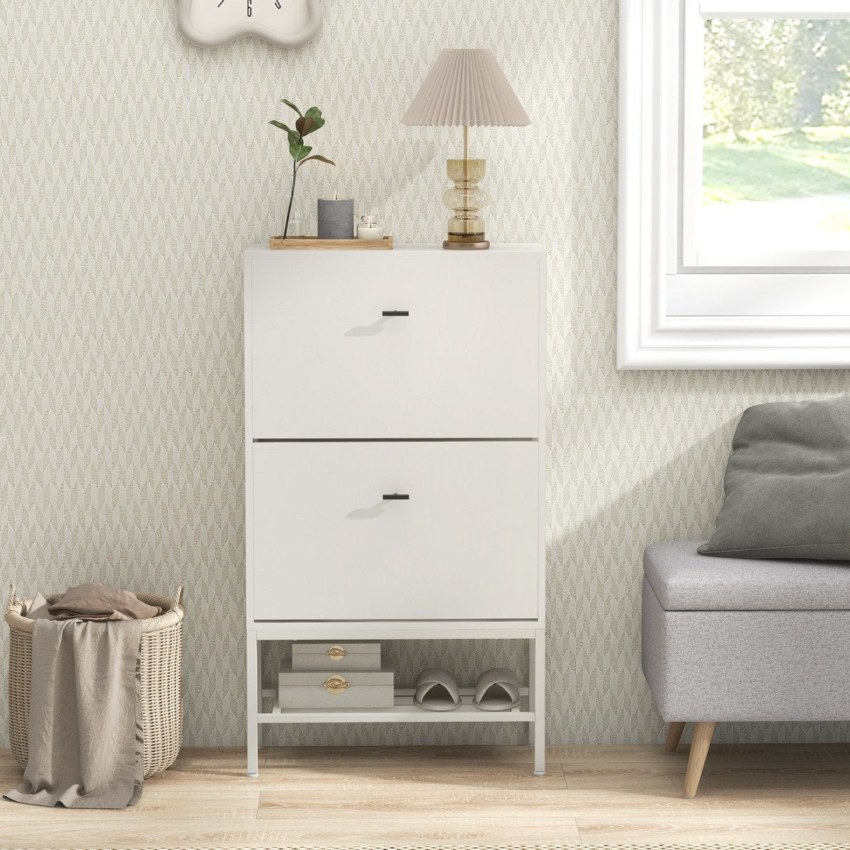 Shoe Storage Cabinet with 2 Flip Drawers and Adjustable and Removable Shelves-White