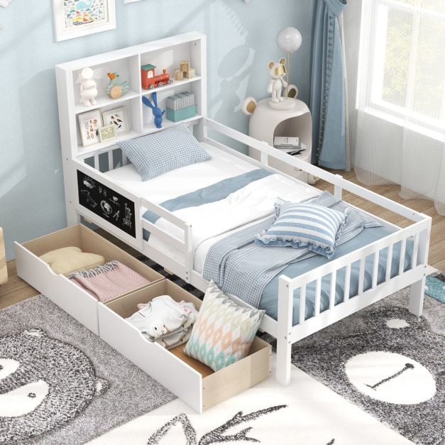 Single/Double Size Bed Frame with 2 Storage Drawers White-Single Size