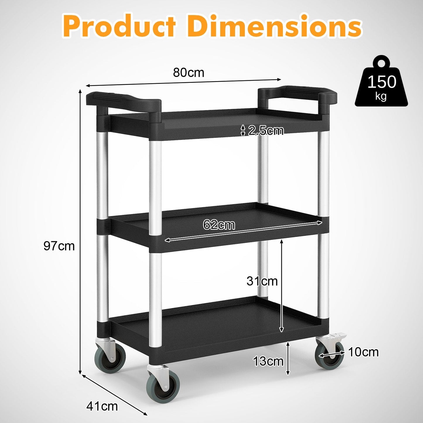 3-Tire Metal Rolling Cart with Lockable Universal Wheels