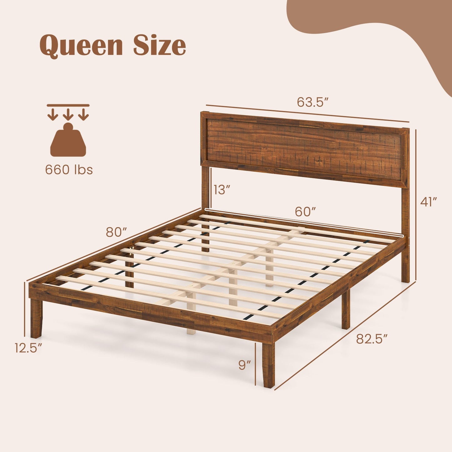 Single/King Size Bed Frame with Headboard and Slats Support-Queen size