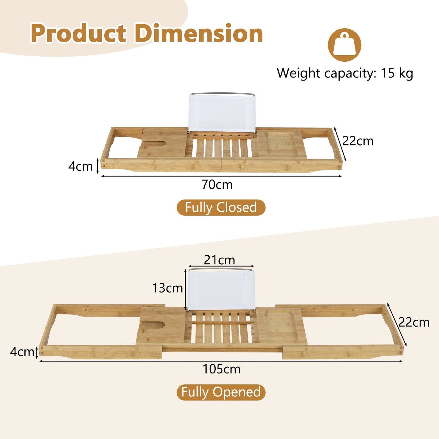 Bamboo Bathtub Caddy Tray with Adjustable Book Stand-Natural