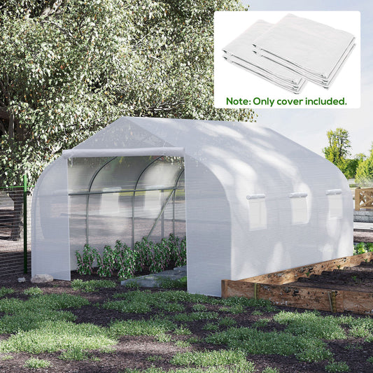 Outsunny Walk-In Tunnel Greenhouse with Replacement Cover, Outdoor Growhouse with PE Cover, Roll Up Door and 6 Windows, 4.5 x 3 x 2 m, White