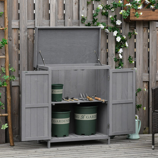 Outsunny Small Shed, Wooden Garden Shed with Openable Hinged Roof and Removable Shelf, Outdoor Tool Storage Cabinet Chest with Double Doors, 74 x 43 x 88 cm, Grey