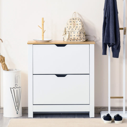 HOMCOM Narrow Shoe Cabinet, Space Saving Shoe Storage Cabinet with 2 Flip Drawers and Adjustable Shelves for 6-12 Pairs of Shoes for Hallways and Living Room, White