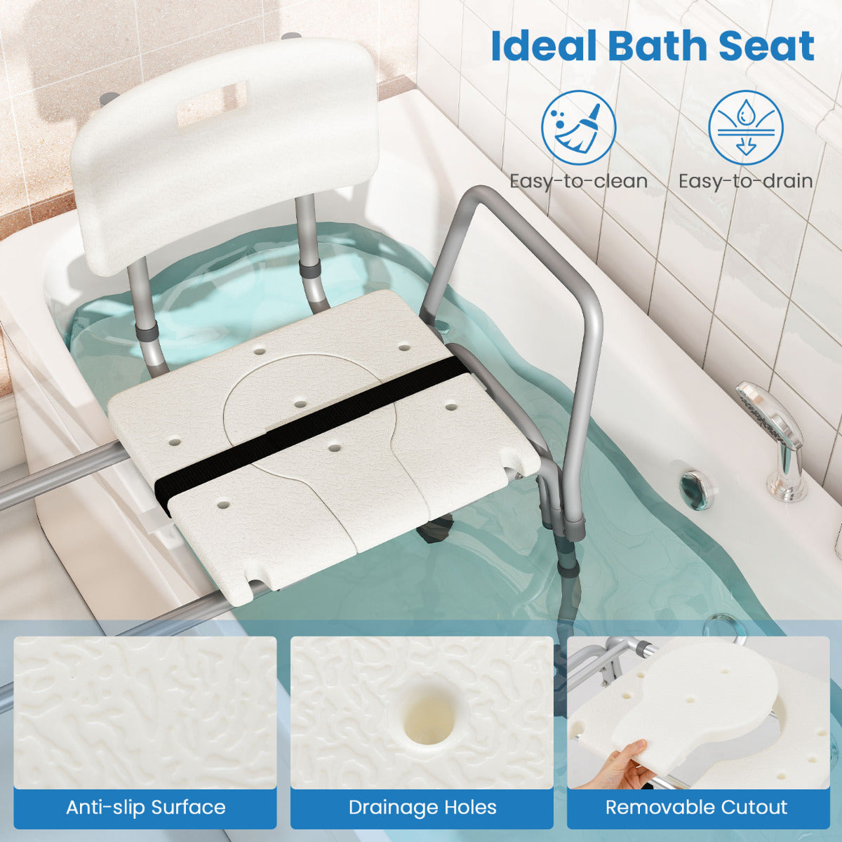 Sliding Tub Transfer Bench Adjustable Inside Bathtub Chair with Safety Belt