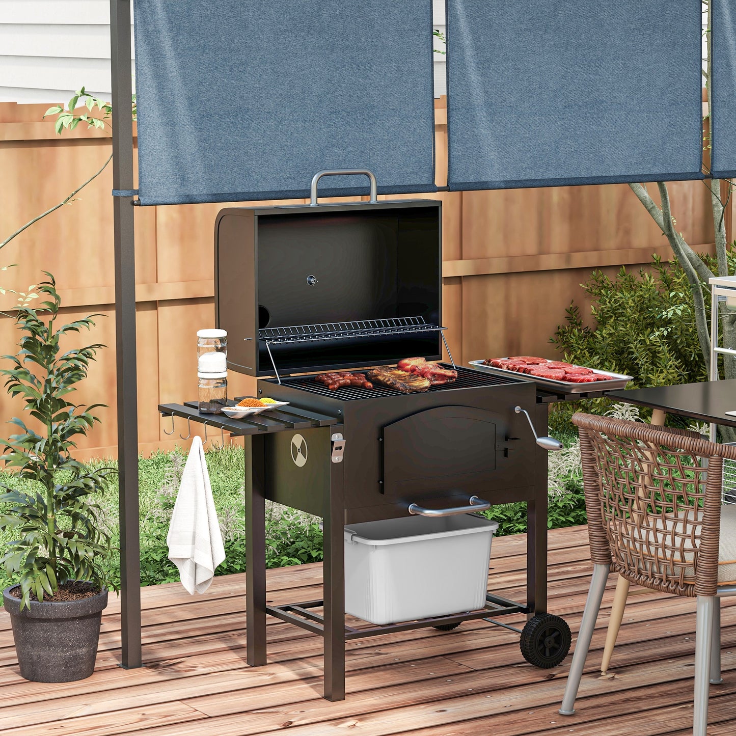 Wózek do grilla węglowego Outsunny Garden Smoker z półkami, regulowaną wysokością, termometrem na pokrywie, otwieraczem i kółkami