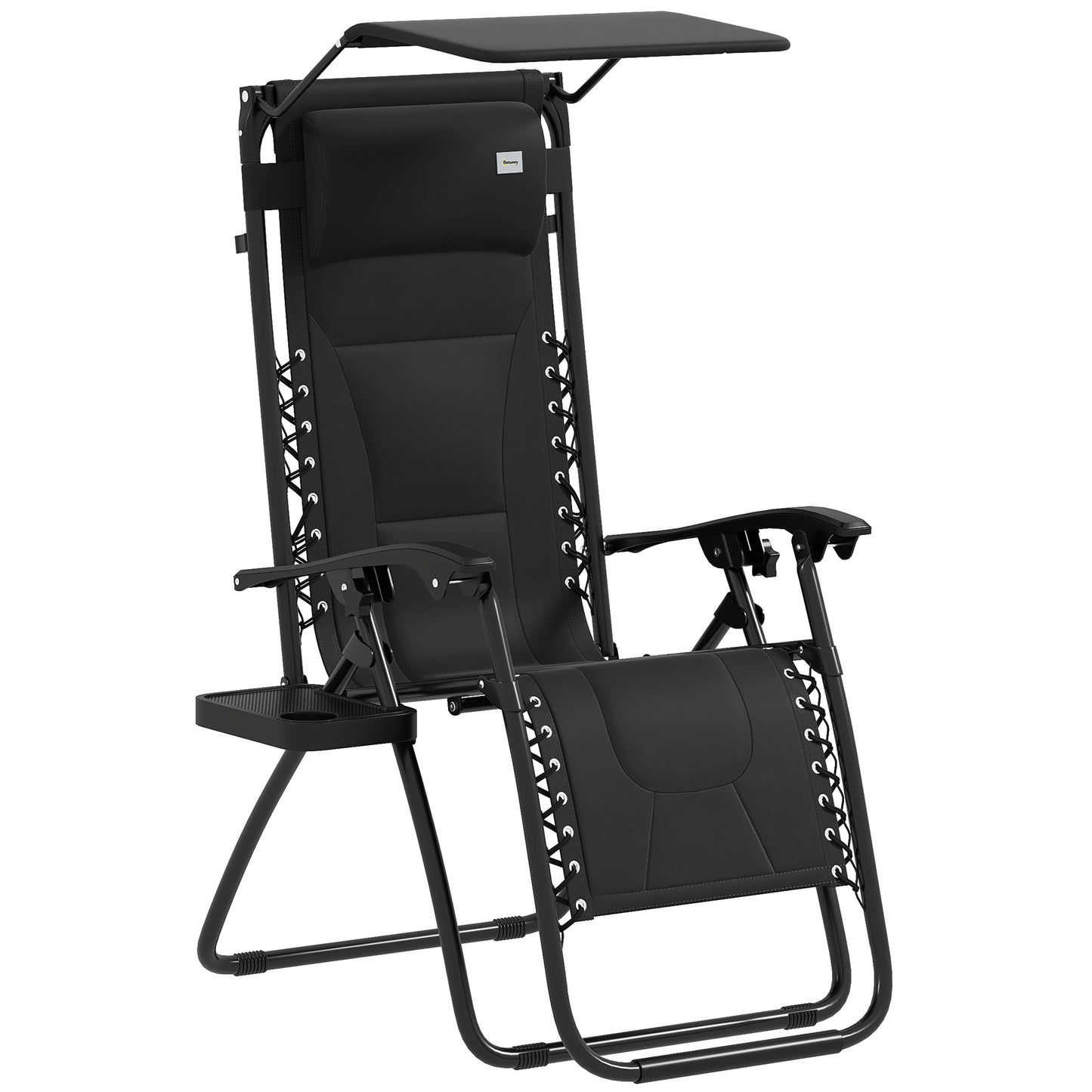 Outsunny Zero Gravity Lounger Chair, składany rozkładany fotel ogrodowy z osłoną przeciwsłoneczną, wyściełane siedzisko, uchwyt na kubek, miękka poduszka i zagłówek do użytku przy basenie, kempingowy, czarny