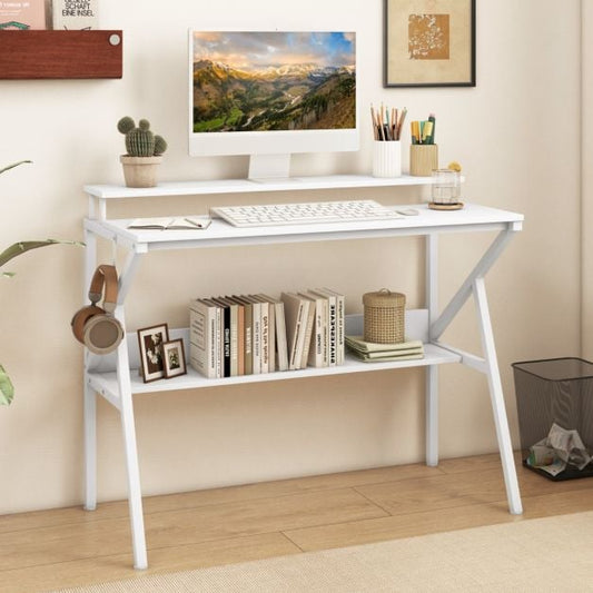 Space Saving Computer Desk with Monitor Stand and Extra Storage Shelf-White