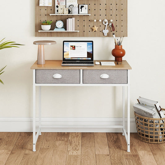 Space Saving Computer Desk with 2 Fabric Drawers-Natural