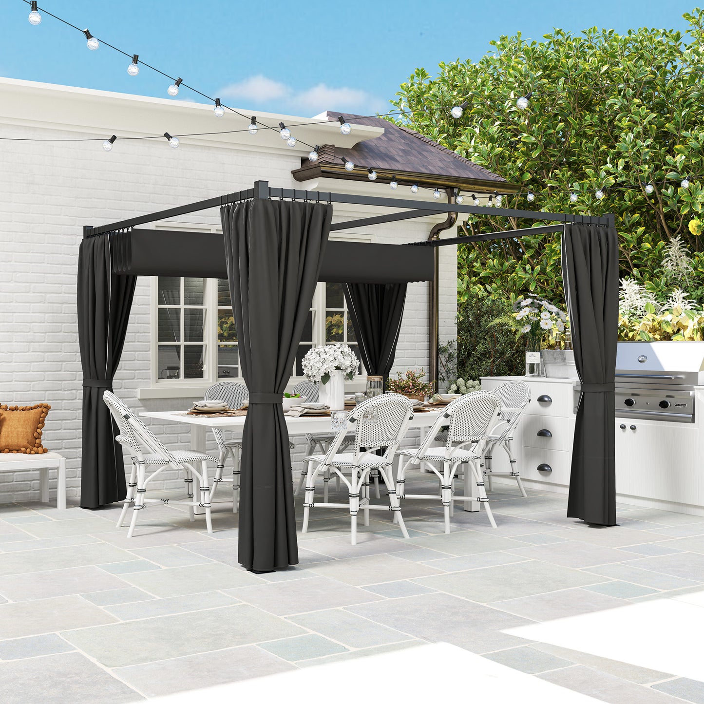 Outsunny 3 x 3(m) Rozsuwana pergola, altana ogrodowa z zasłonami, do grilla, na patio, taras, antracyt