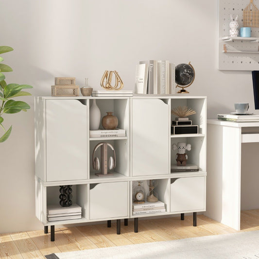Stackable Bookcase with Adjustable Shelf and Cubes for Living Room Bedroom-White