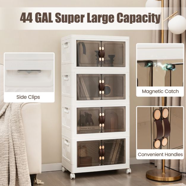 Set of 4 stackable storage boxes with lids & wheels & doors 49.5 x 31.5 x 112.5 cm
