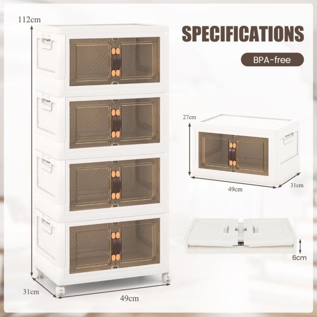 Set of 4 stackable storage boxes with lids & wheels & doors 49.5 x 31.5 x 112.5 cm