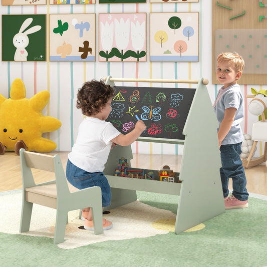 2-in-1 Double-sided Kids Art Easel with Stool and Paper Roll Holder-Green