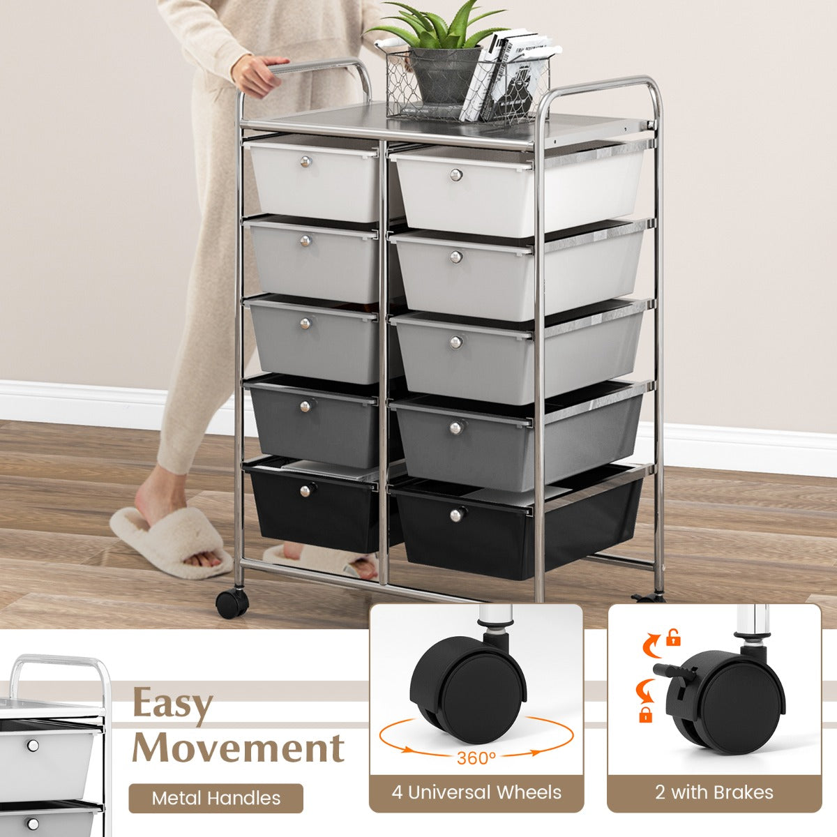 Storage Rolling Cart with 10-Drawer for Tools Scrapbook Paper Organising-Black & Grey