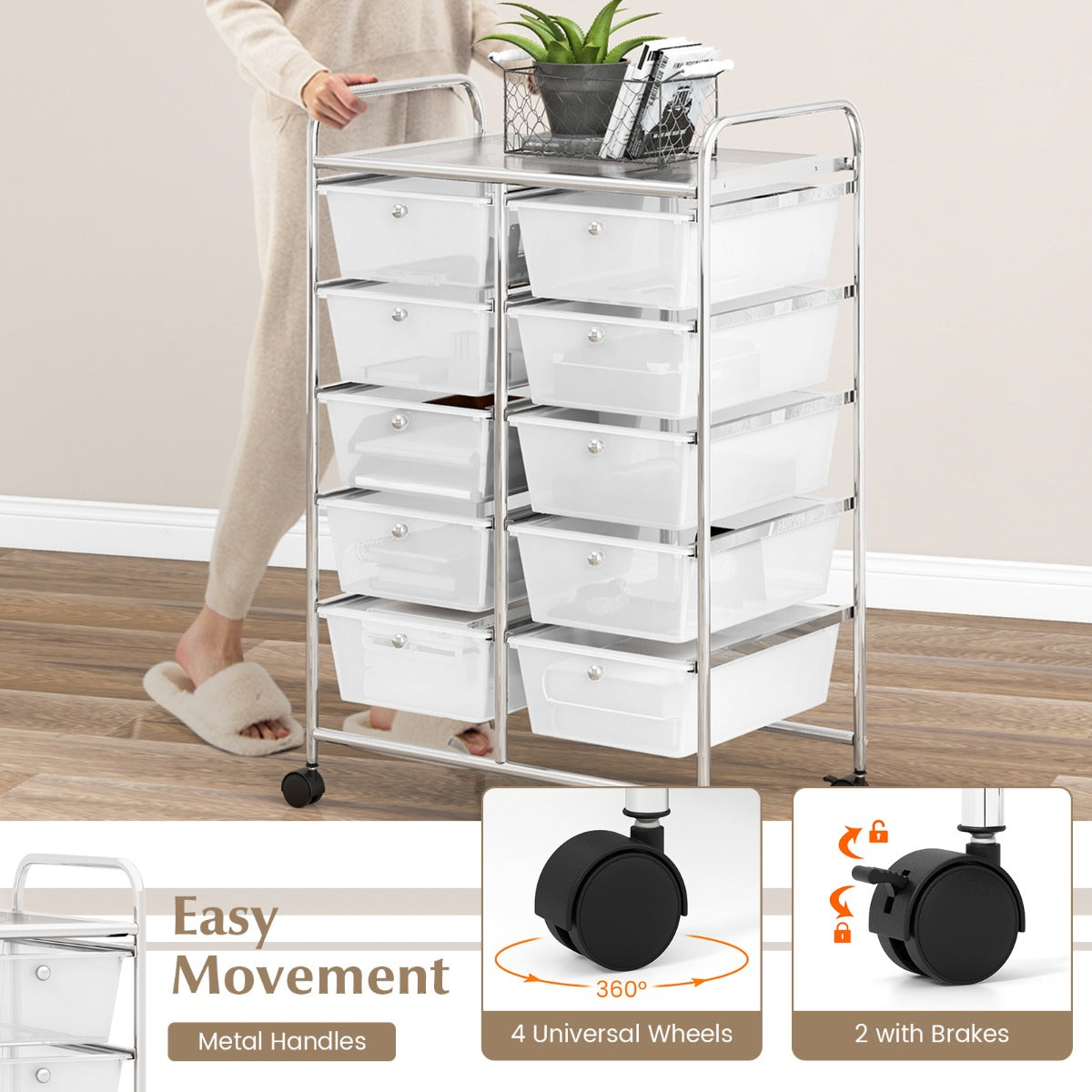 Storage Rolling Cart with 10-Drawer for Tools Scrapbook Paper Organising-Clear