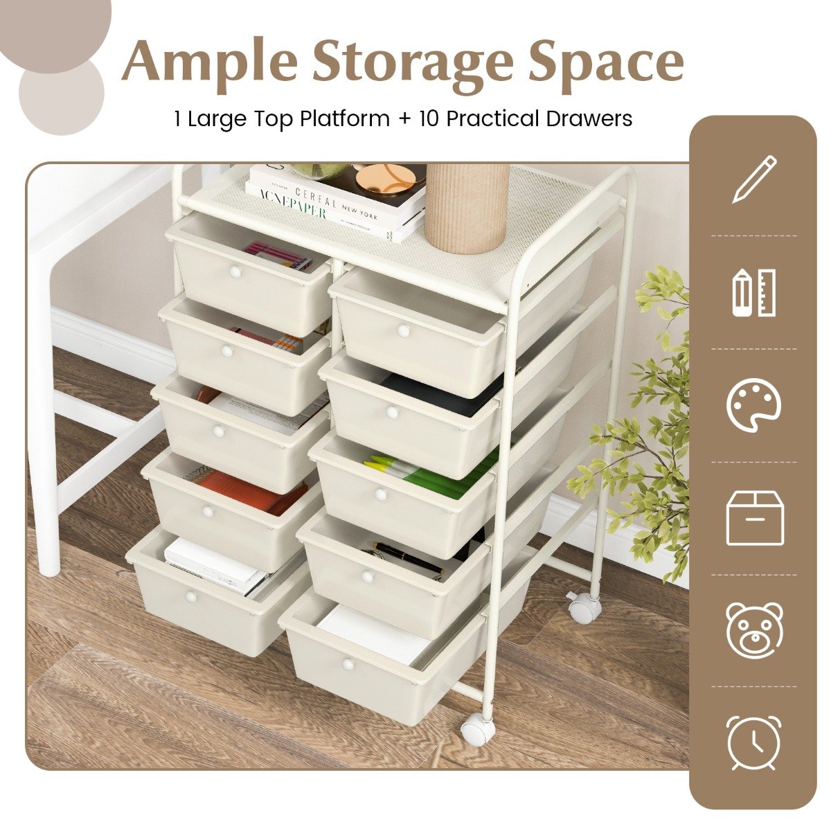 Storage Rolling Cart with 10-Drawer for Tools Scrapbook Paper Organising-White