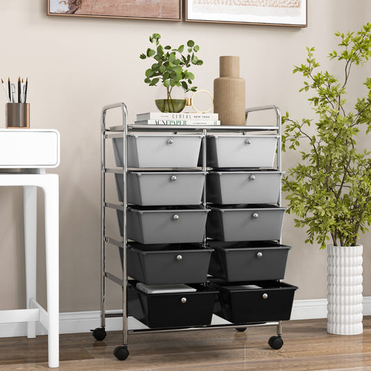 Storage Rolling Cart with 10-Drawer for Tools Scrapbook Paper Organising-Black & Grey