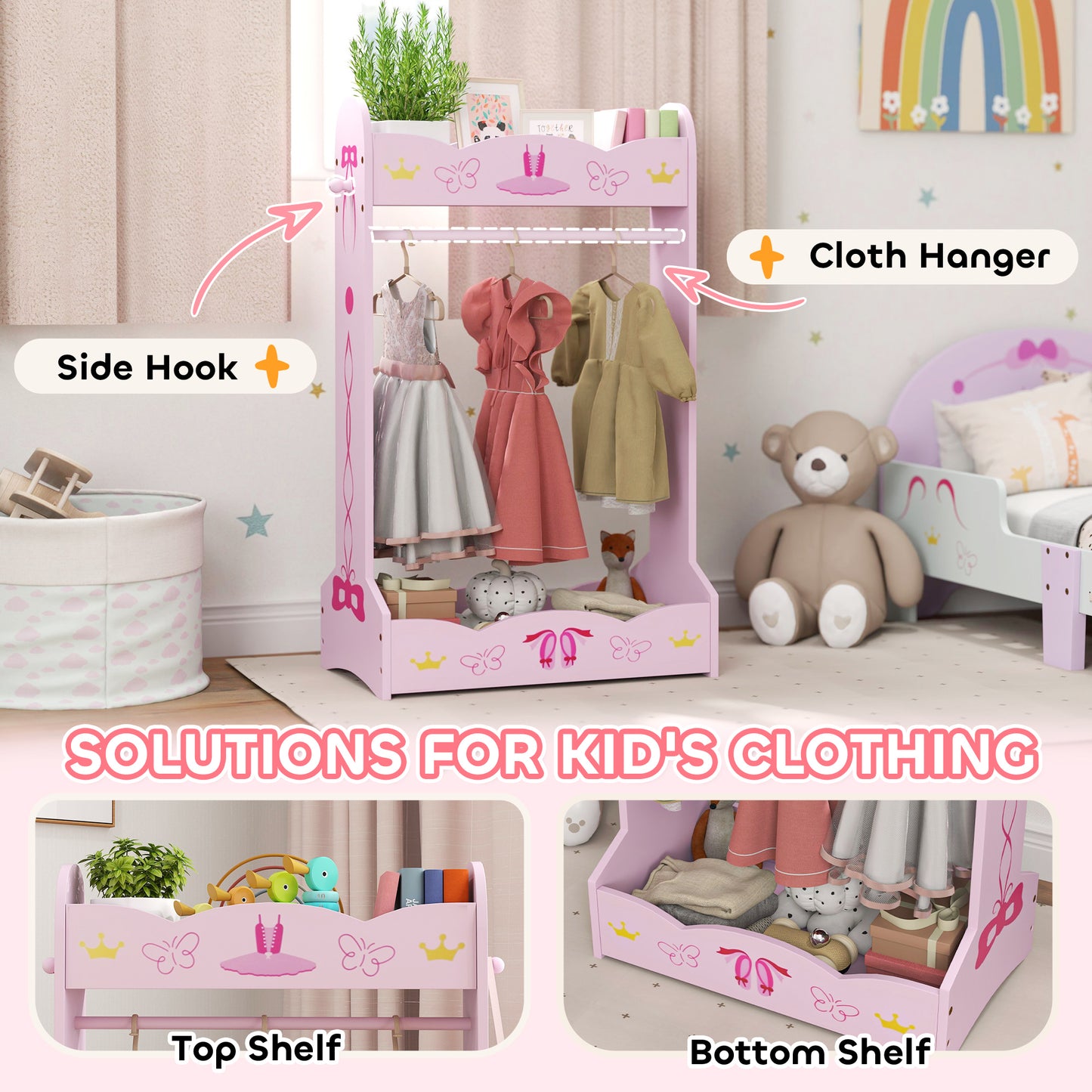 AIYAPLAY Kids Clothes Rail with 2 Storage Shelves for 3-8 Years Old, Pink