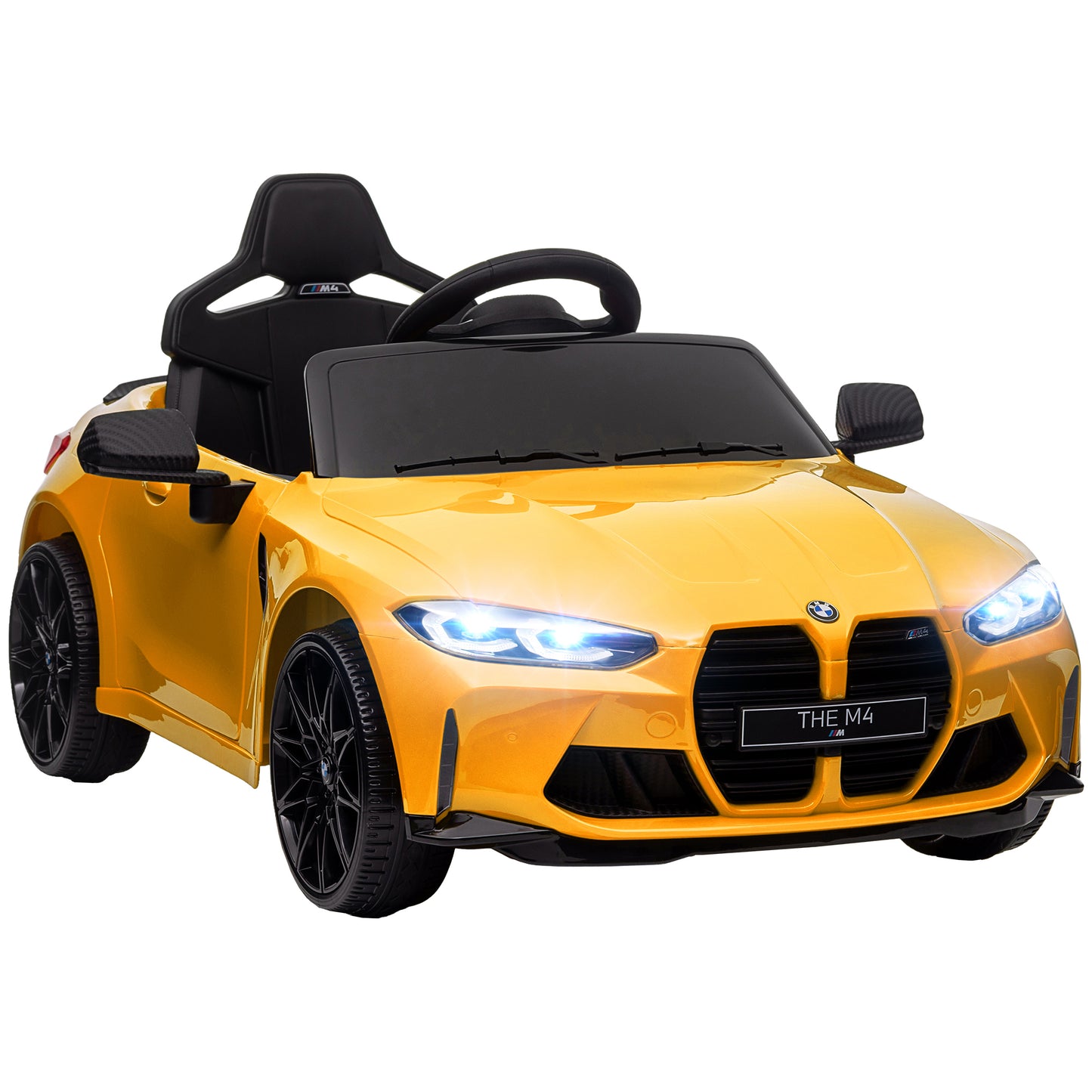 AIYAPLAY 12V BMW M4 Licencjonowany samochód dla dzieci z łatwym transportem, pilotem, zawieszeniem, muzyką, klaksonem, światłami LED, żółty