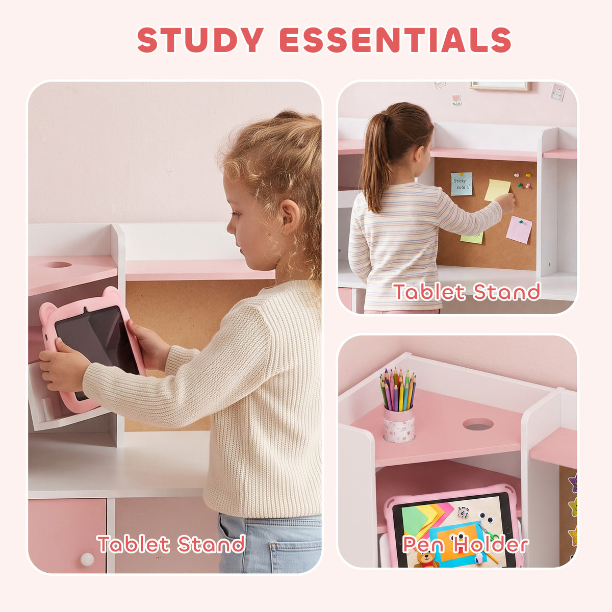 AIYAPLAY Kids Desk and Chair Set Storage Shelves Kids Desk Adjustable Tablet Stand Cork Board Pen Holder Pink