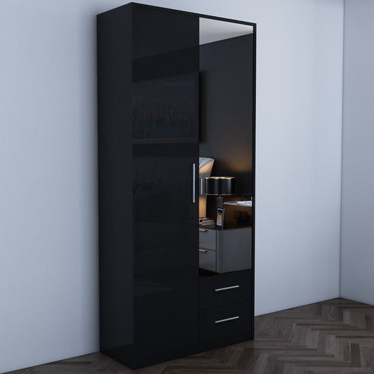 WINSTEAD 2 Door Mirrored Wardrobe Black 90cm