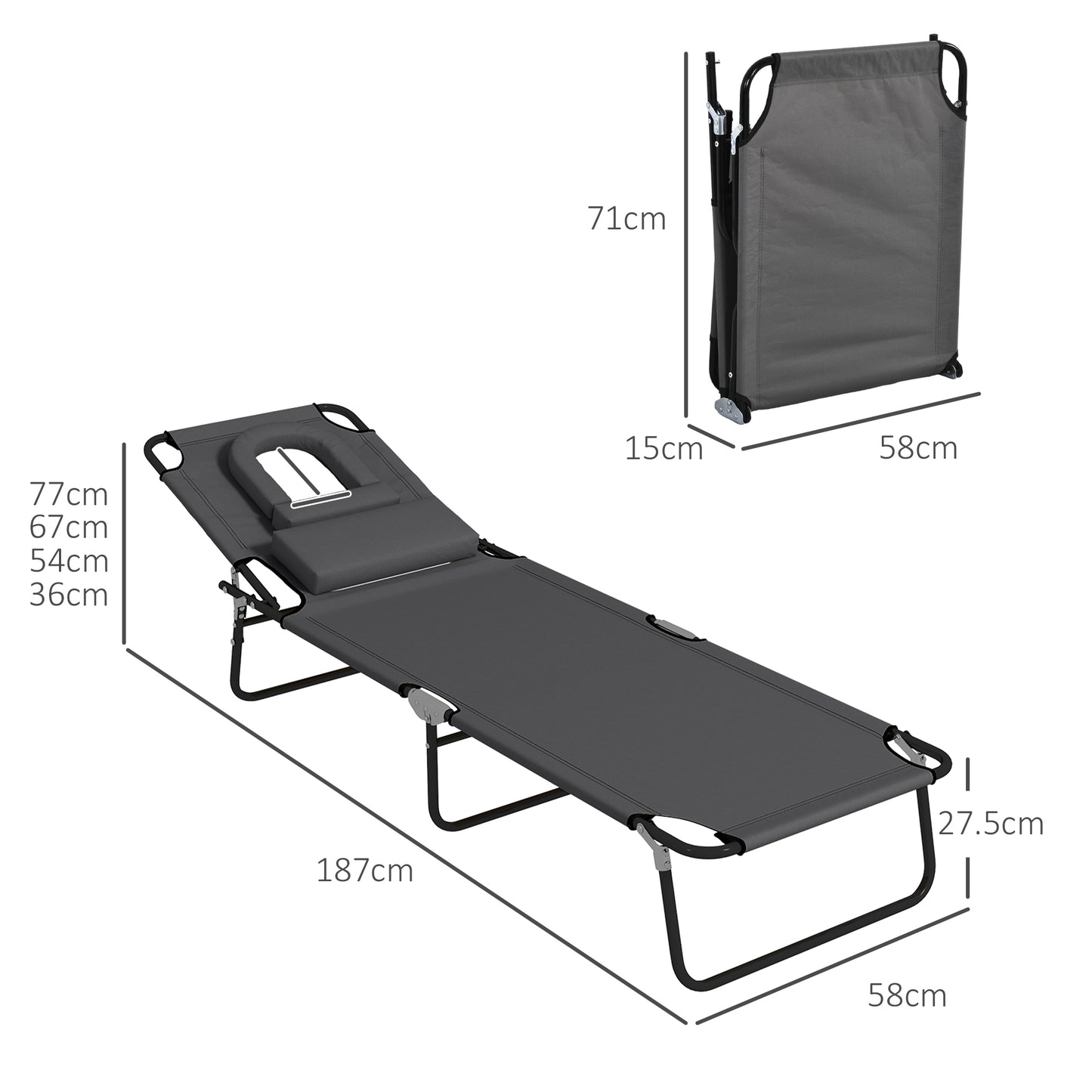 Outsunny Outdoor Folding Sun Lounger Set of 2 with Face Hole, 4 Level Adjustable Backrest Reclining Garden Lounger, Garden Recliner Sunbed with 600 D Oxford Cloth Seat and Pillow for Beach, Dark Grey