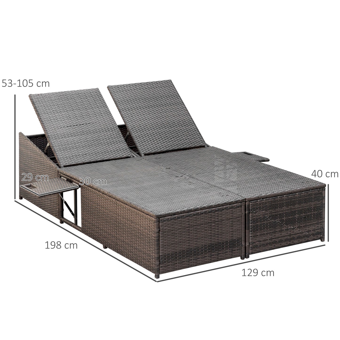Outsunny Double Rattan Sun Lounger, Garden Daybed with 5-Level Adjustable Backrest and Flip Side Trays, Wicker Outdoor Furniture Recliner with Cushions and Pillows for Patio, Cream White