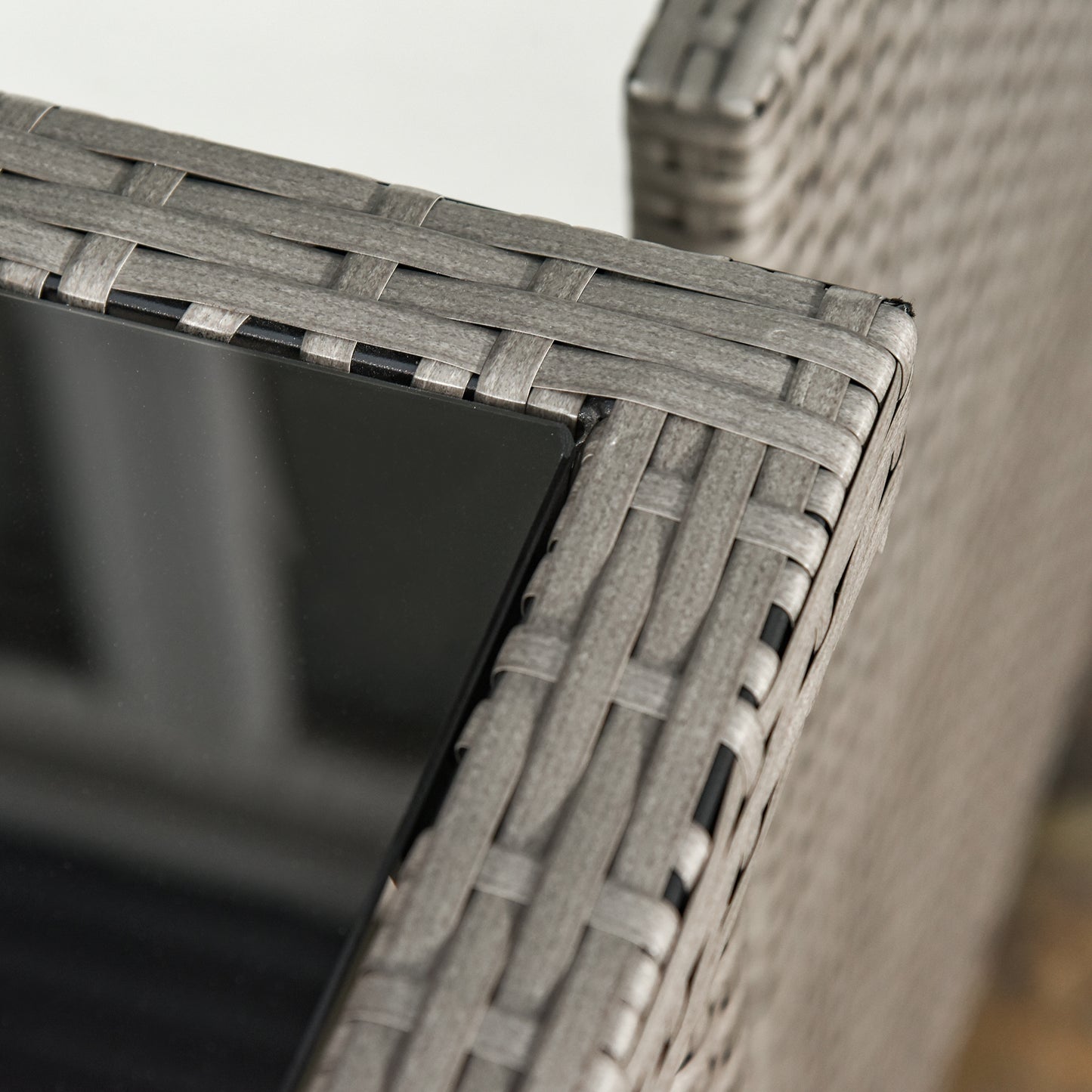Zestaw mebli ogrodowych Outsunny 2 Seater Rattan Cube, zestaw jadalny z rattanu z poduszkami, stół jadalny i krzesła do użytku na zewnątrz z 2 fotelami, 2 stołkami, prostokątny szklany blat stołu na patio, balkon, szary