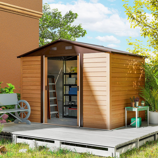 Outsunny 9 x 6ft Galvanised Steel Shed - Brown Wood-Effect