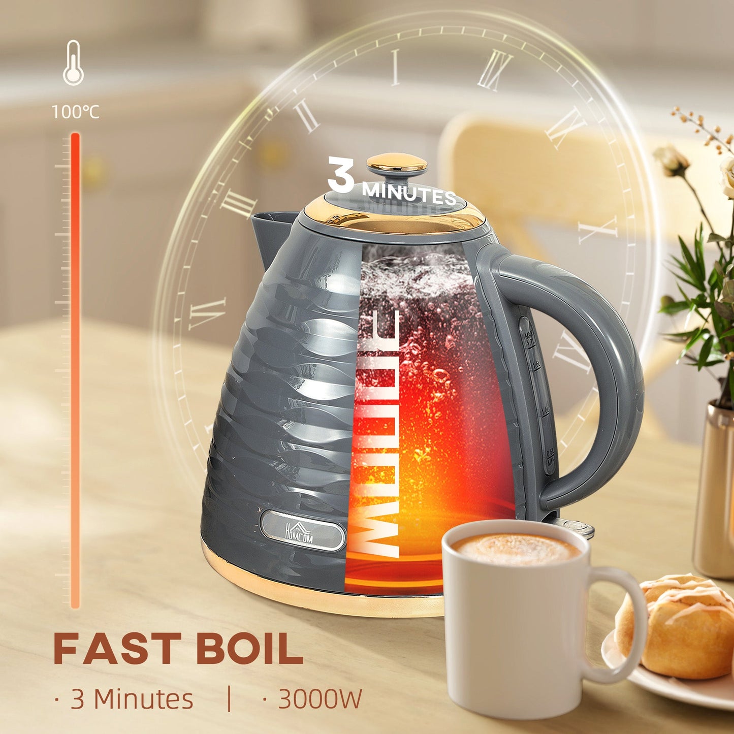 HOMCOM Electric Kettle, 1.7L, Fast Boil, 3kW Water Kettle with Removable Washable Anti-scale Filter, Auto Shut-off, 360¡ Swivel, BPA Free, Grey Water Ripple Texture
