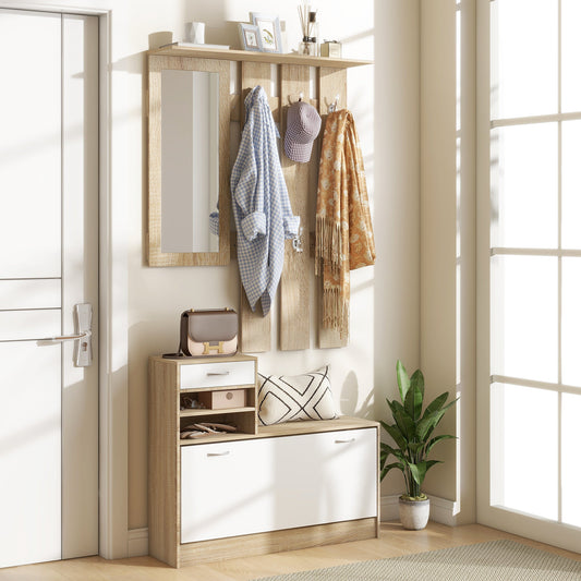 HOMCOM Three-in-One Hallway Storage Set - Natural Wood Finish/White