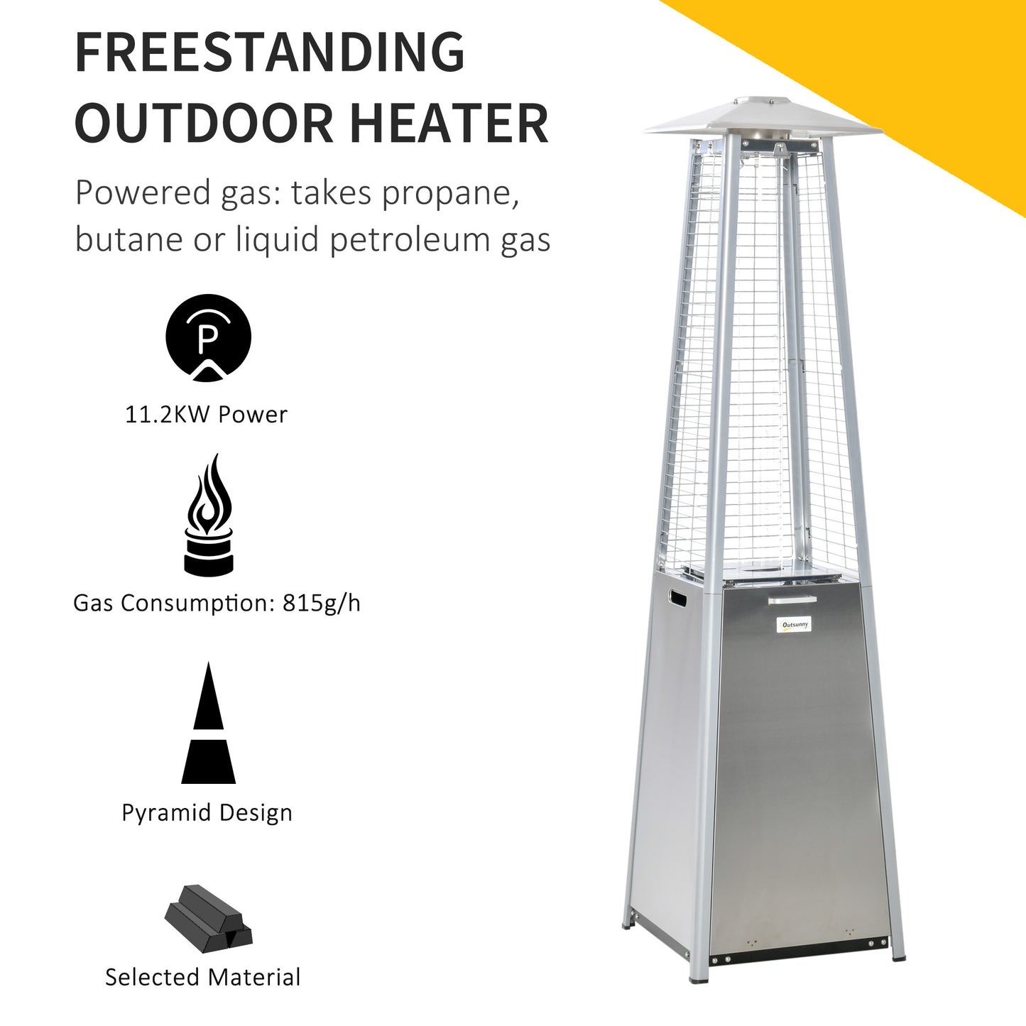 Outsunny 11,2 kW, zewnętrzny, tarasowy, gazowy, stal nierdzewna, piramida, propan, wolnostojący, wieżowy grzejnik ogrodowy z kółkami, osłoną przeciwpyłową, regulatorem i wężem, srebrny