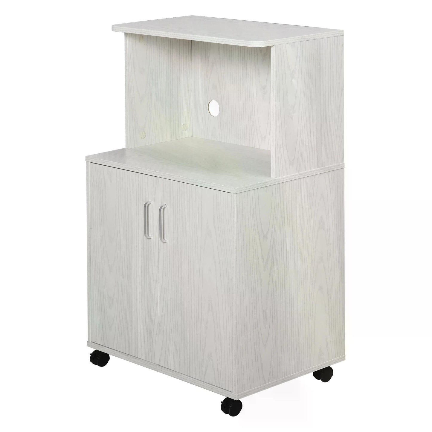HOMCOM Kitchen Storage Unit, Modern Microwave Stand Trolley Cart, Sideboard with Cabinet, Locking Wheels, Shelf for Living Room, Dining Room, White
