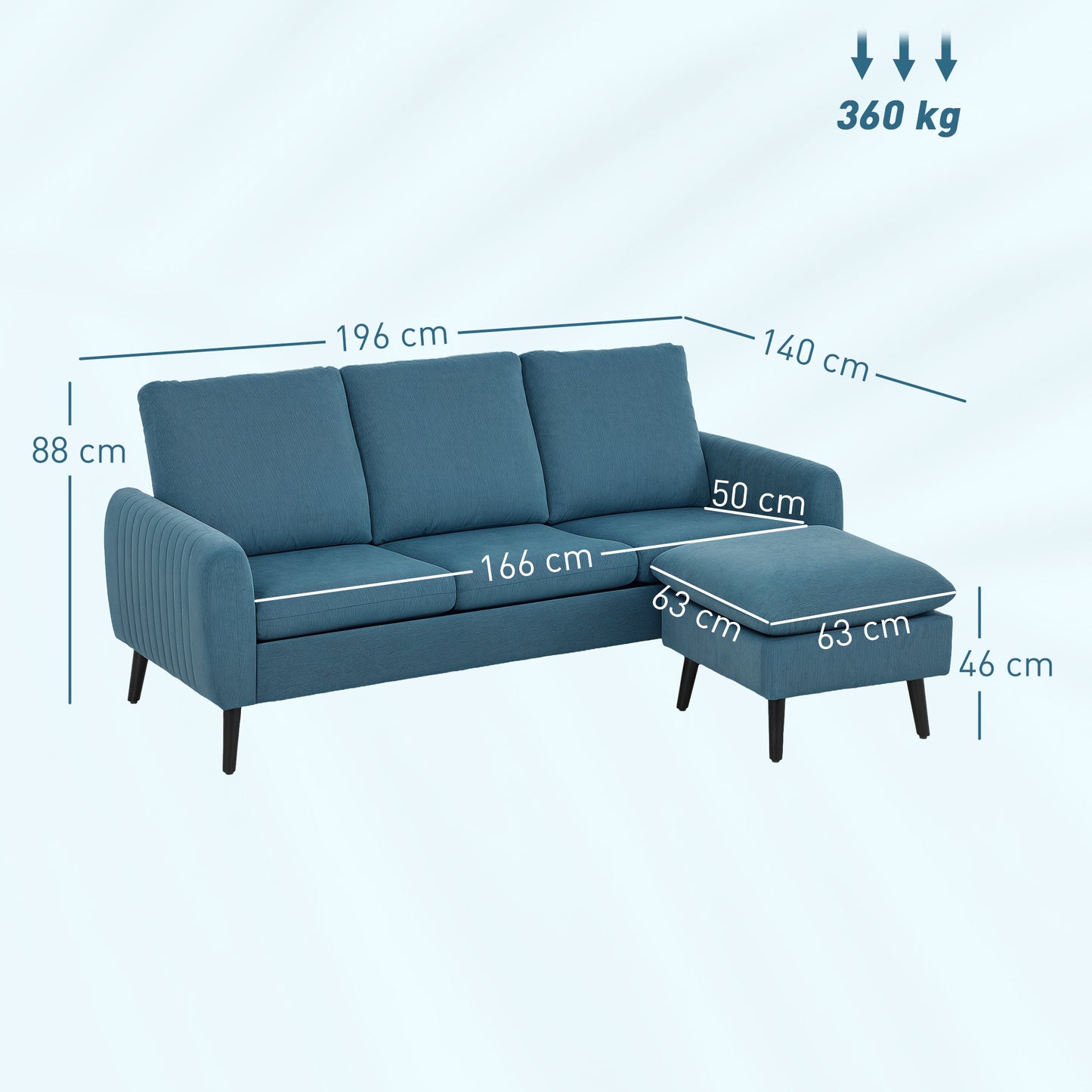 HOMCOM Fabric Sofa with Ottoman, Corduroy L-shaped Sofa Couch with Scatter Back, Reversible 3-Seater Chaise Lounge for Living Room, Home Office, Small Spaces, Blue
