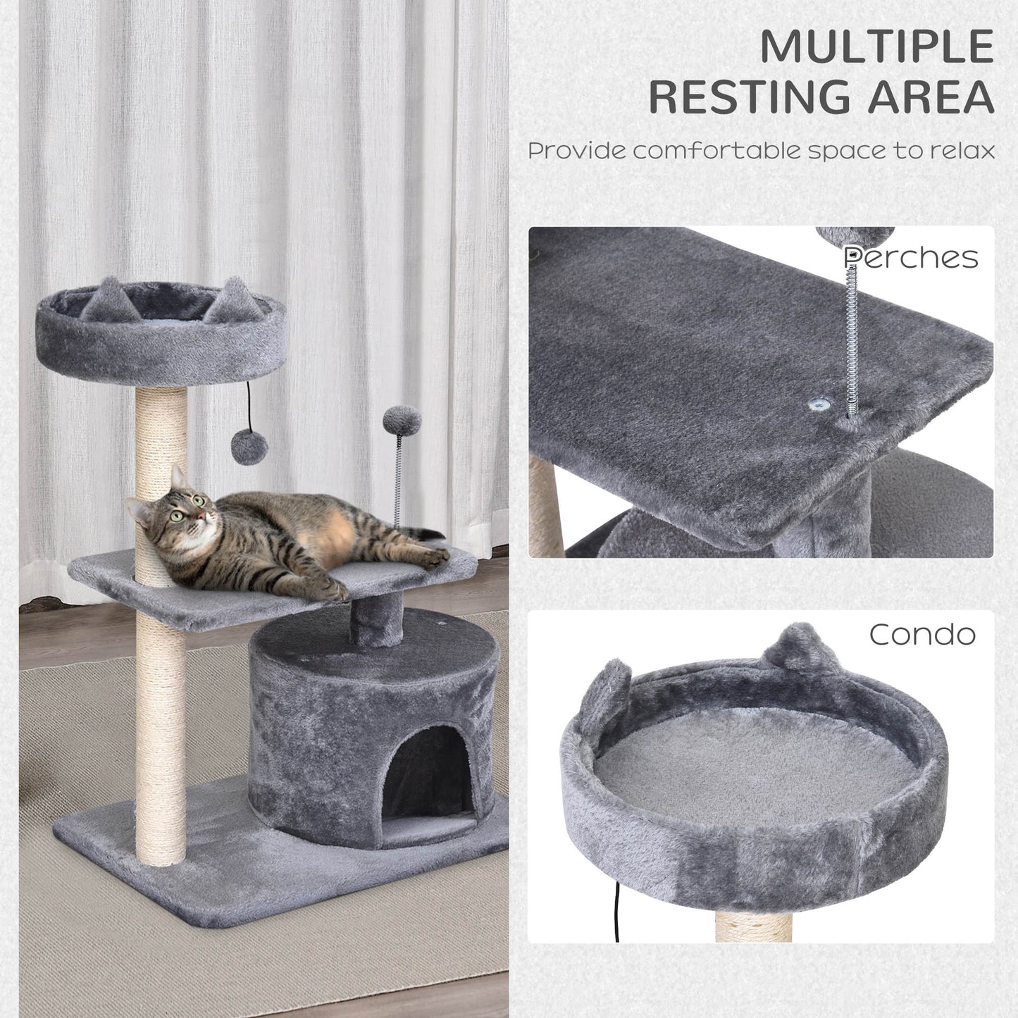 PawHut Cat Tree for Indoor Cats with Scratching Post Climbing Tower Kitty Activity Centre Condo Perch Jumping Platforms Grey 60L x 40W x 81H cm
