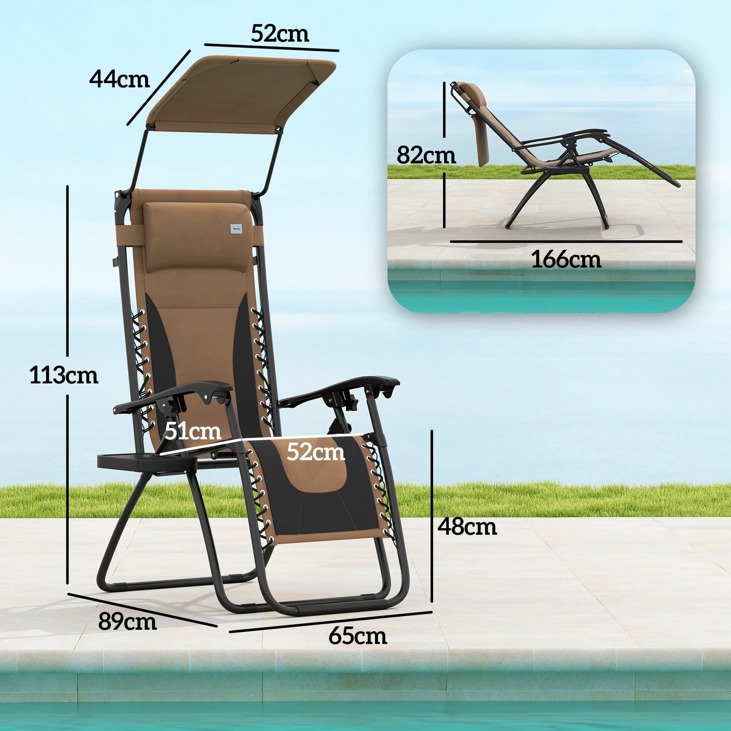 Zestaw 2 składanych leżaków Outsunny Zero Gravity, rozkładany leżak ogrodowy z osłoną przeciwsłoneczną, uchwytem na kubek, miękką poduszką i zagłówkiem, do użytku przy basenie, na kempingu i w kawiarni.