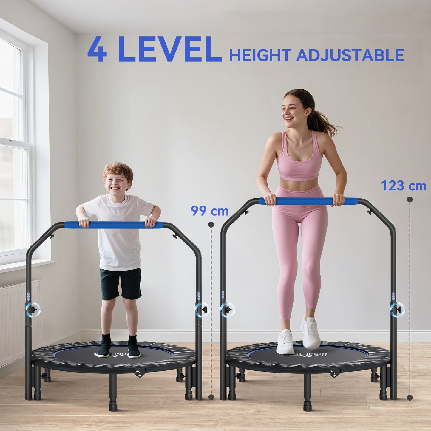 HOMCOM 45" Foldable Mini Fitness Trampoline, with Adjustable Foam Handle, Blue